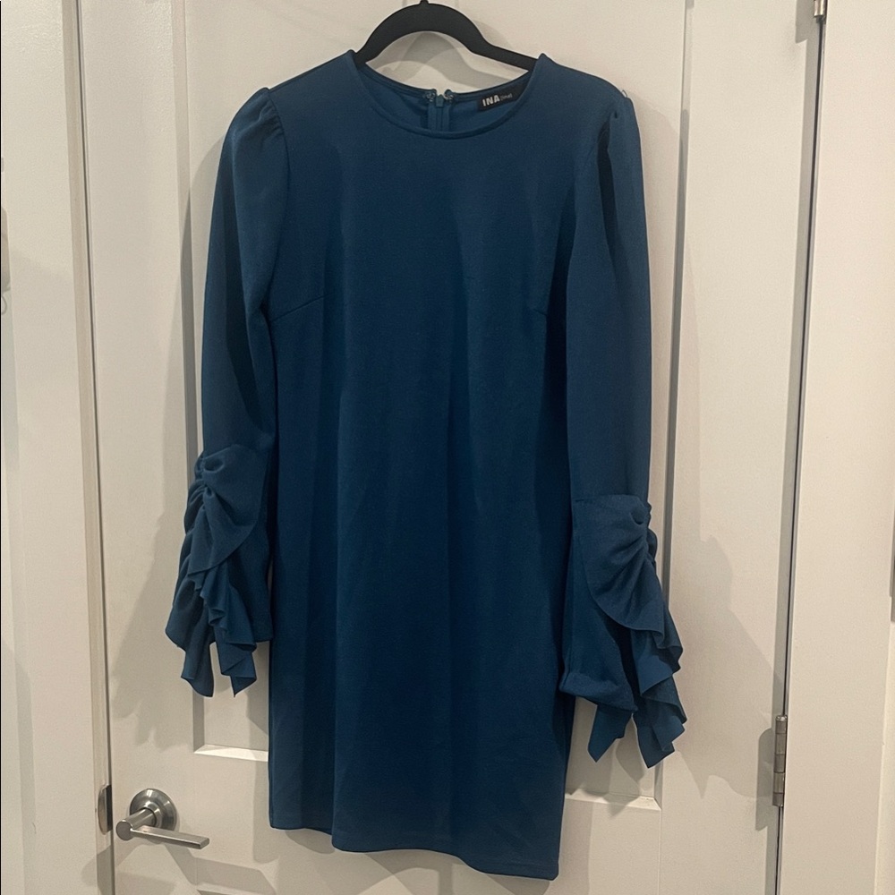 INA teal Long Sleeve Dress with Ruffle Cuffs